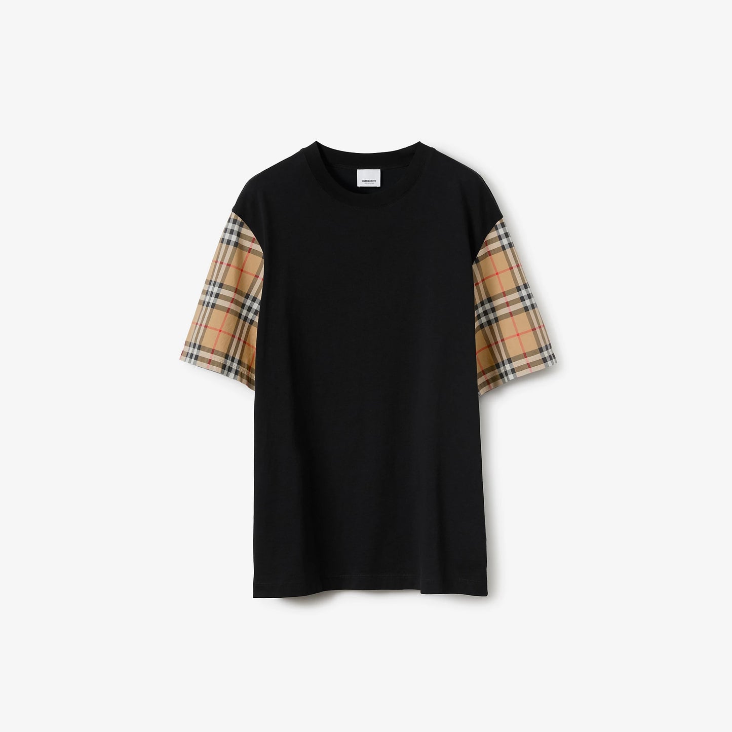 Oversize Check Sleeve Black Cotton T-shirt