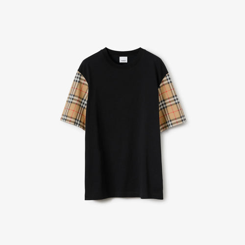Oversize Check Sleeve Black Cotton T-shirt