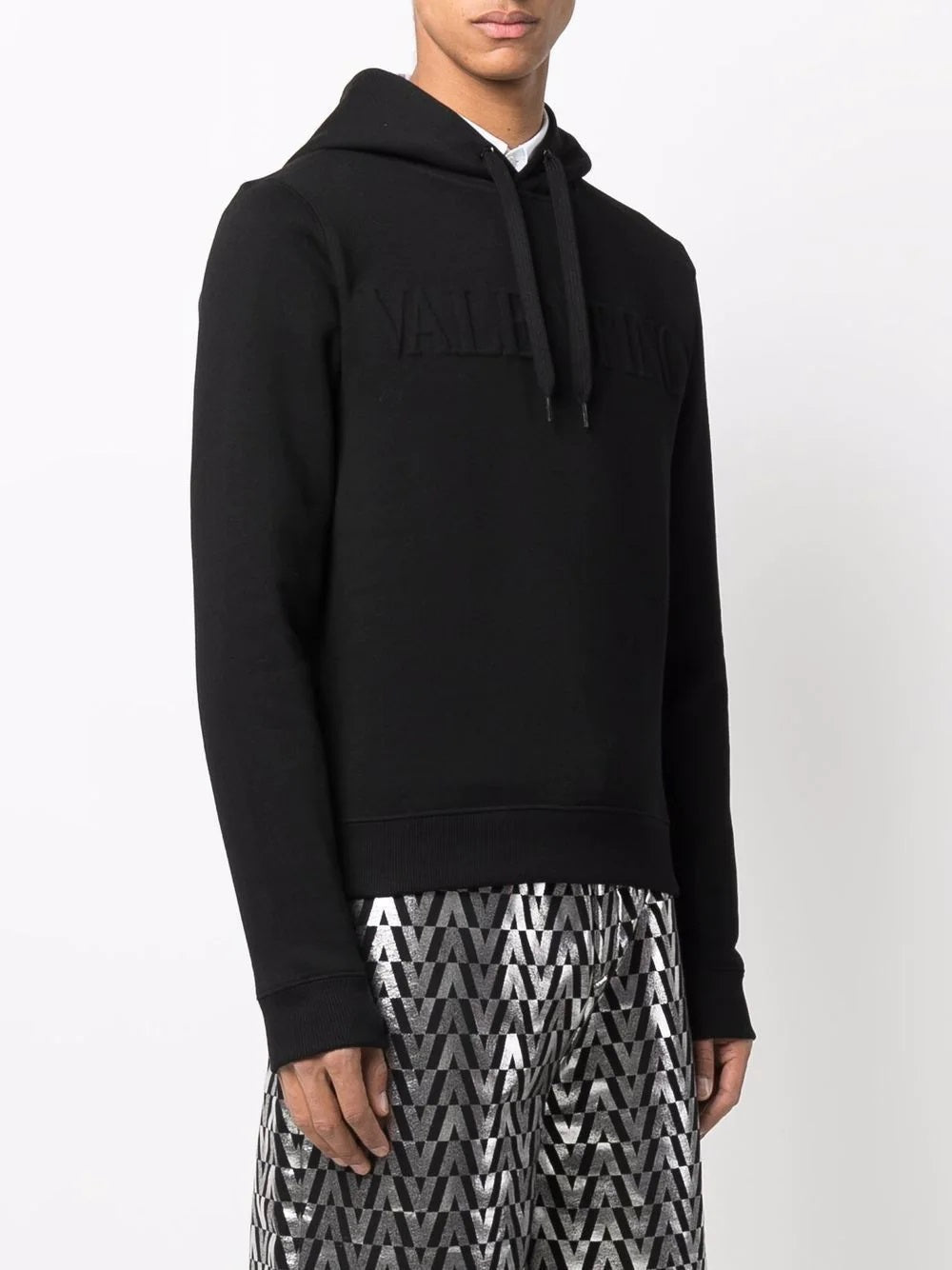 VLTN Embossed Logo Drawstring Black Hoodie - Styledistrict