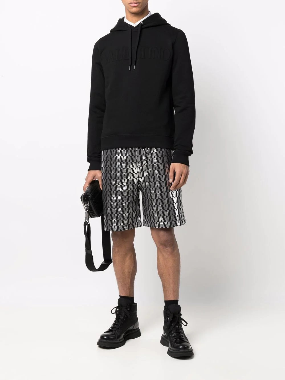 VLTN Embossed Logo Drawstring Black Hoodie - Styledistrict