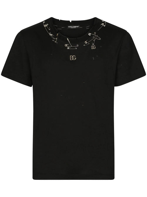 Safety-pin embellished cotton T-shirt - Exclusive Wear