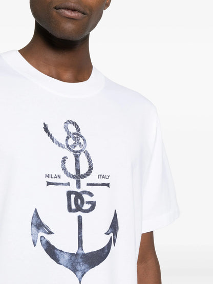 Anchor-print White Cotton T-shirt