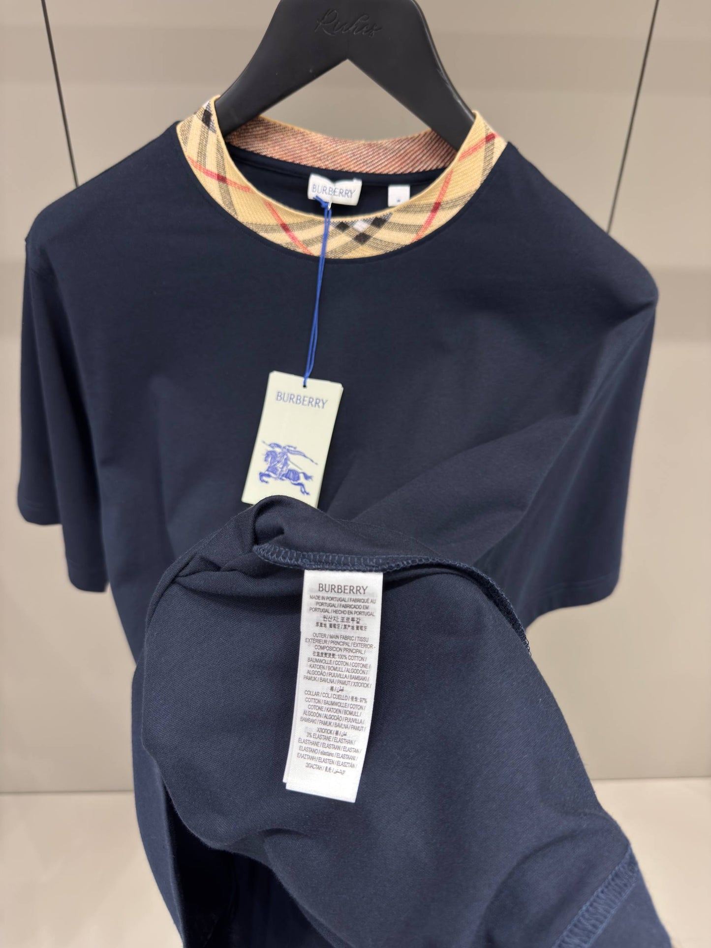 Check Trim Blue Cotton T-shirt