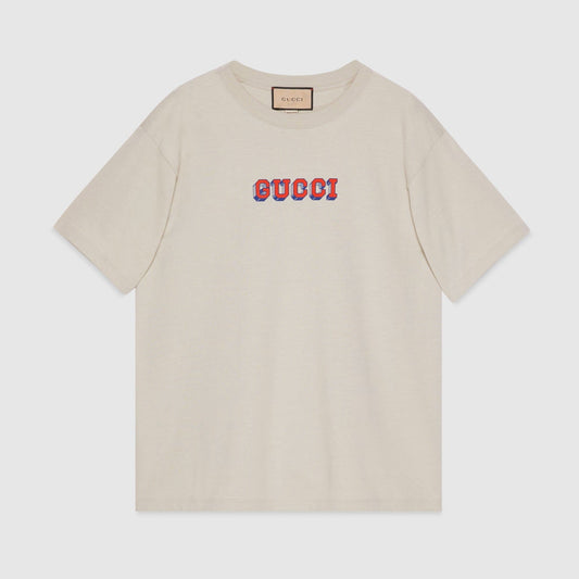 Cotton T-shirt with Print in Ivory