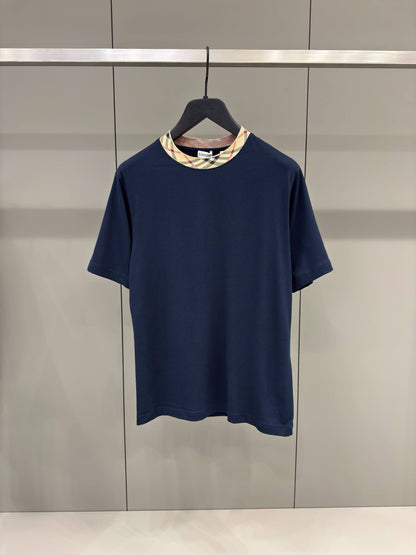 Check Trim Blue Cotton T-shirt