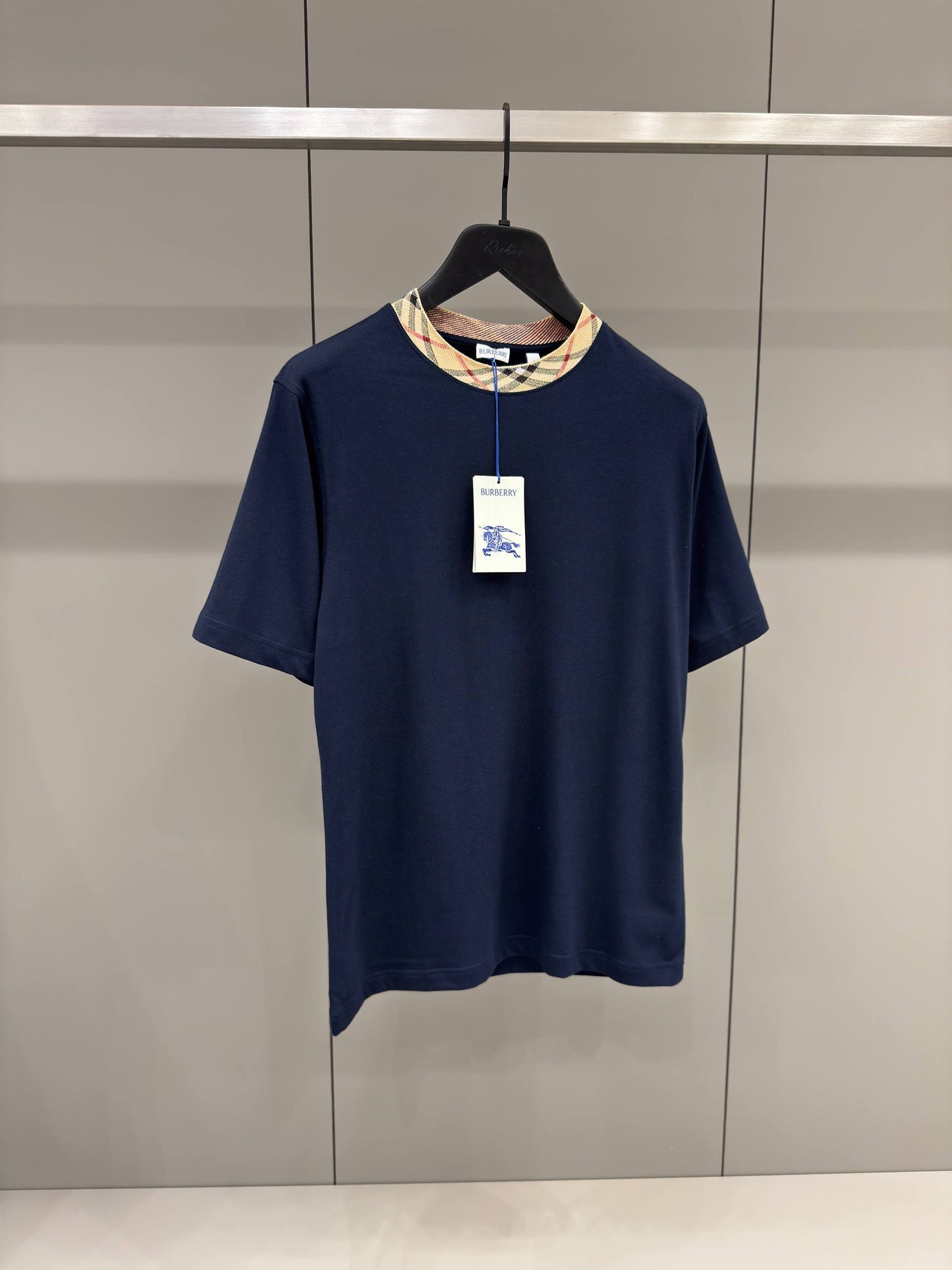 Check Trim Blue Cotton T-shirt