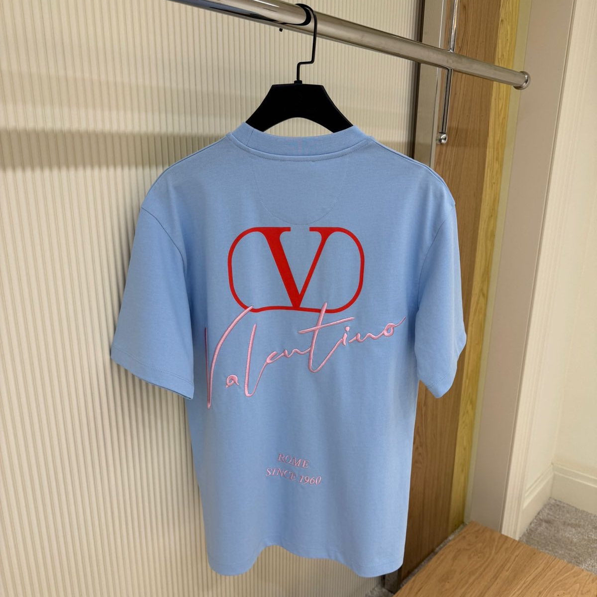 Blue Cotton T-shirt with Print and Embroidery