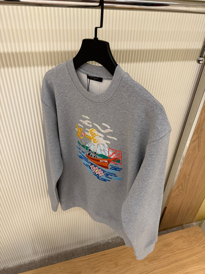 Grey Cotton Sweatshirt with Embroidery