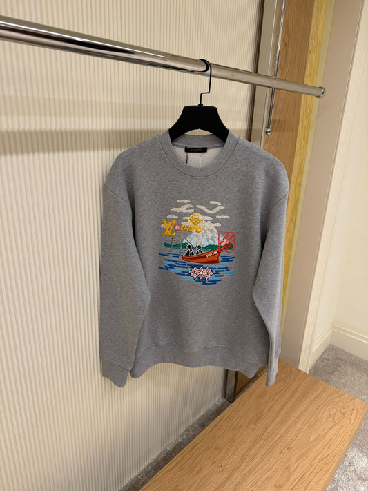 Grey Cotton Sweatshirt with Embroidery