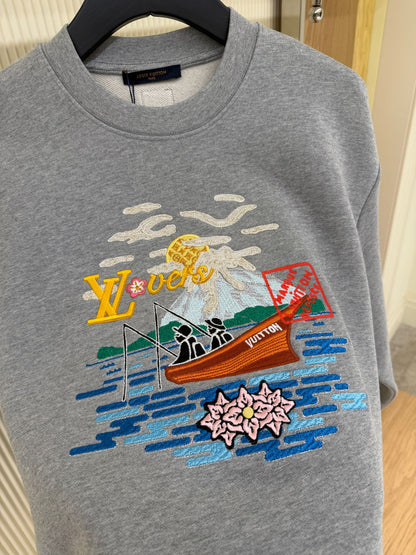 Grey Cotton Sweatshirt with Embroidery