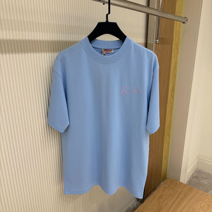 Blue Cotton T-shirt with Print and Embroidery