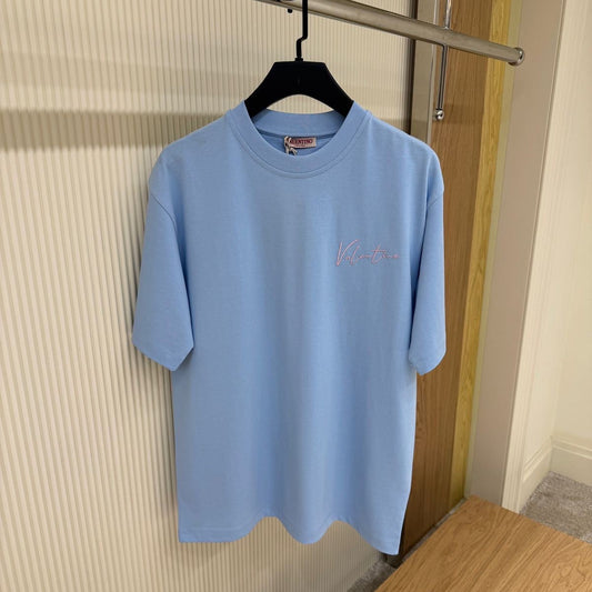 Blue Cotton T-shirt with Print and Embroidery