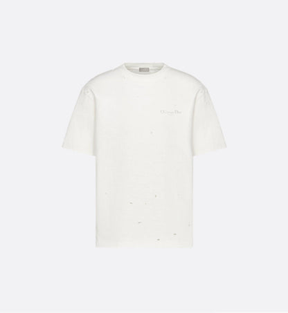 White Distressed-Effect Cotton Jersey T-shirt