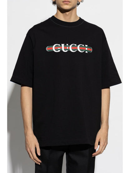 Black Cotton JerseyT-shirt with Logo Print