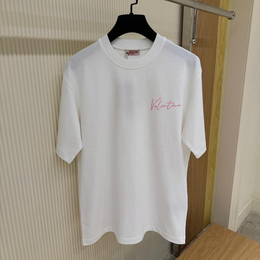 White Cotton T-shirt with Print and Embroidery