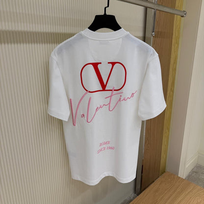 White Cotton T-shirt with Print and Embroidery