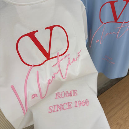 White Cotton T-shirt with Print and Embroidery