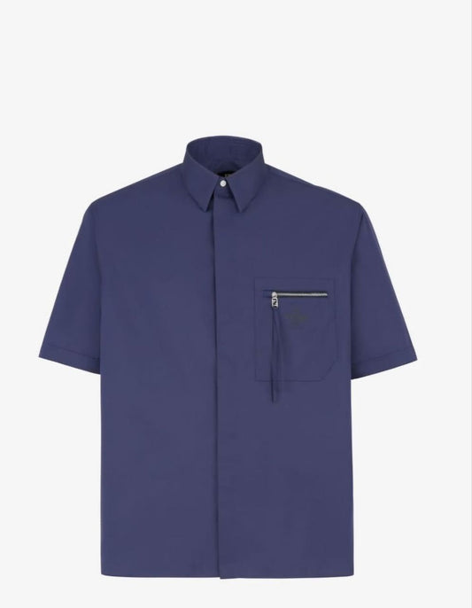 Pocket Zip-up Blue Cotton Shirt