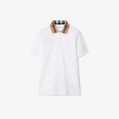 Check Collar Cotton White Polo Shirt