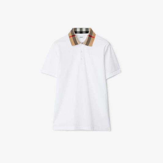 Check Collar Cotton White Polo Shirt