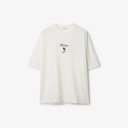 Rose Logo Embroidery White Cotton T-shirt