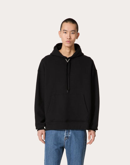 Black Cotton Hoodie with Metallic V Detail