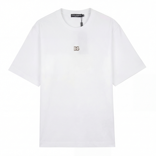 White T-shirt with Metallic DG Logo in Silver