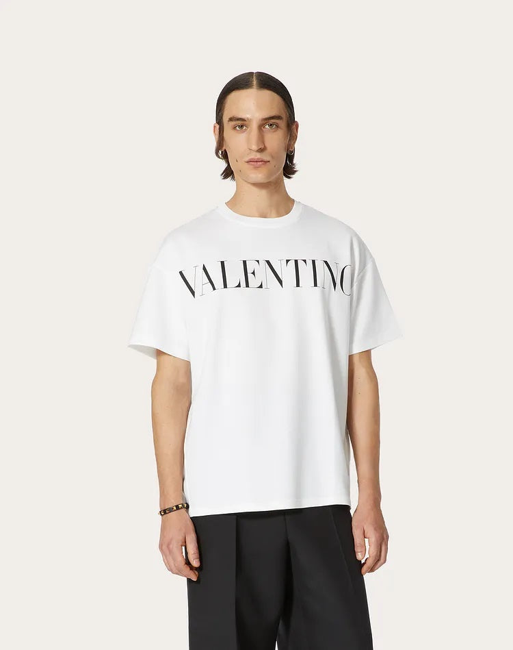 VLTN WHITE COTTON T-SHIRT WITH VLTN PRINT - Styledistrict