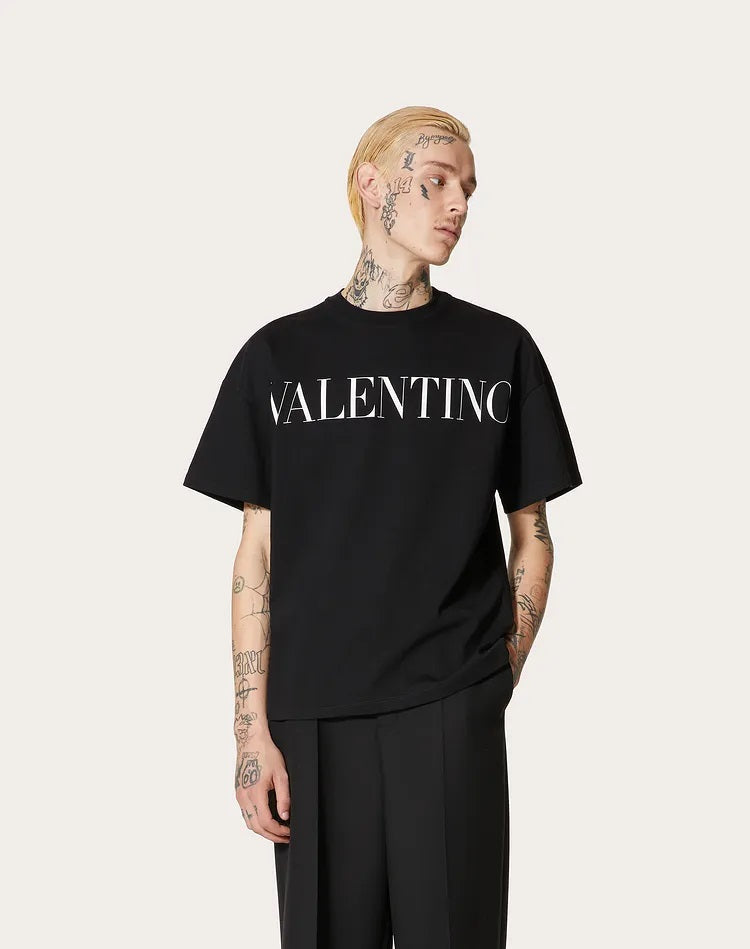 VLTN BLACK COTTON T-SHIRT WITH VALENTINO PRINT - Styledistrict
