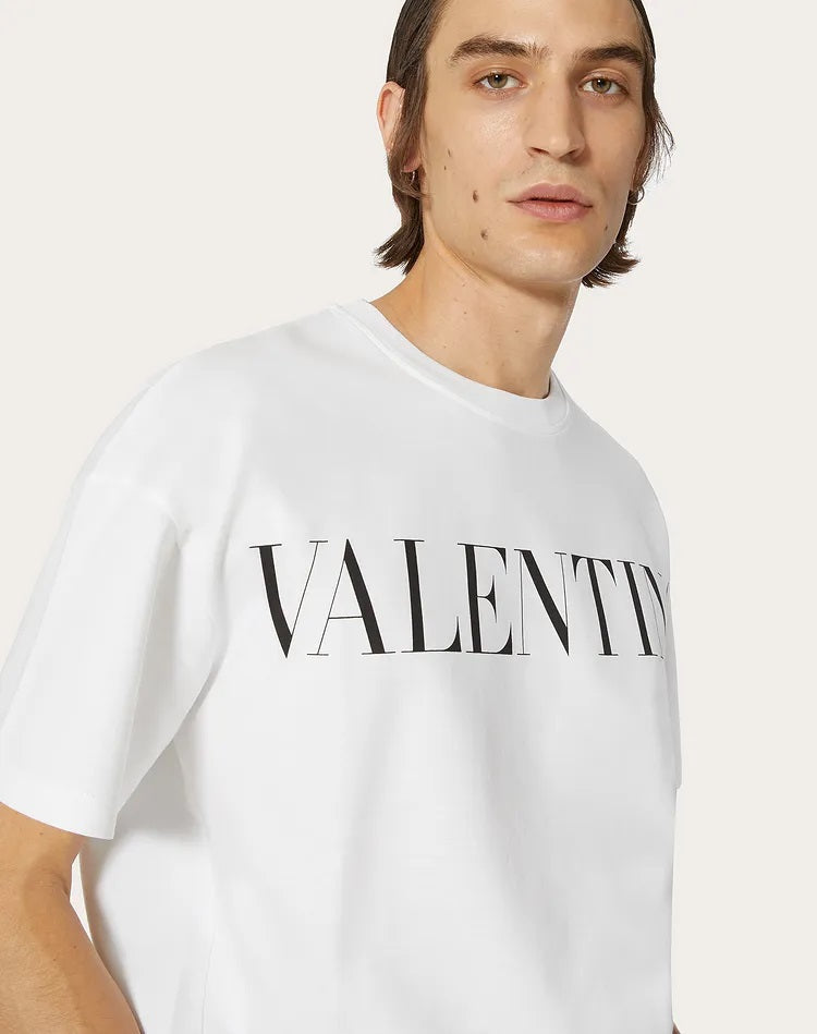 VLTN WHITE COTTON T-SHIRT WITH VLTN PRINT - Styledistrict